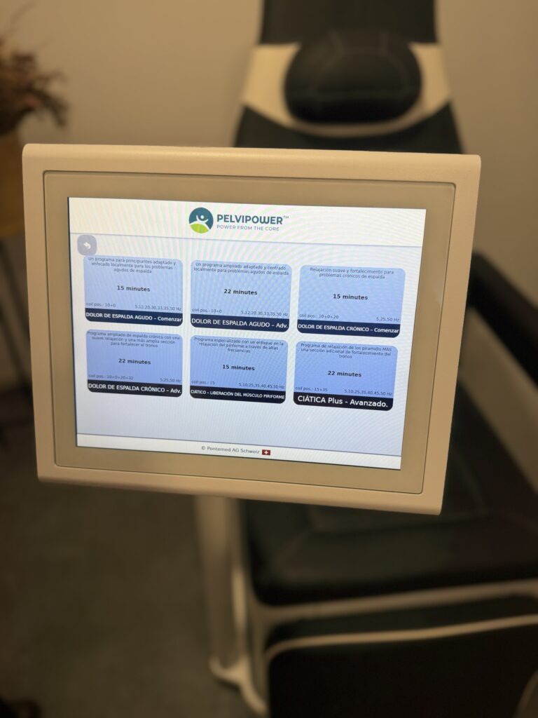 Pantalla de PelviPower con los programas para dolor de espalda y ciática