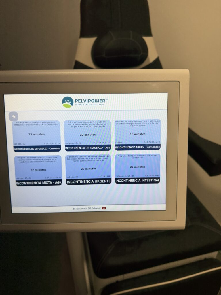 Pantalla de PelviPower con los programas de incontinencia de esfuerzo, mixta, urgente e intestinal