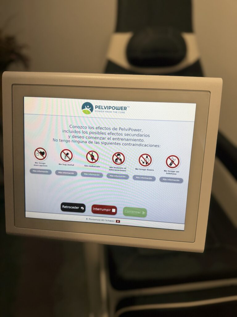 Pantalla de PelviPower con las contraindicaciones que se revisan antes de cada sesión