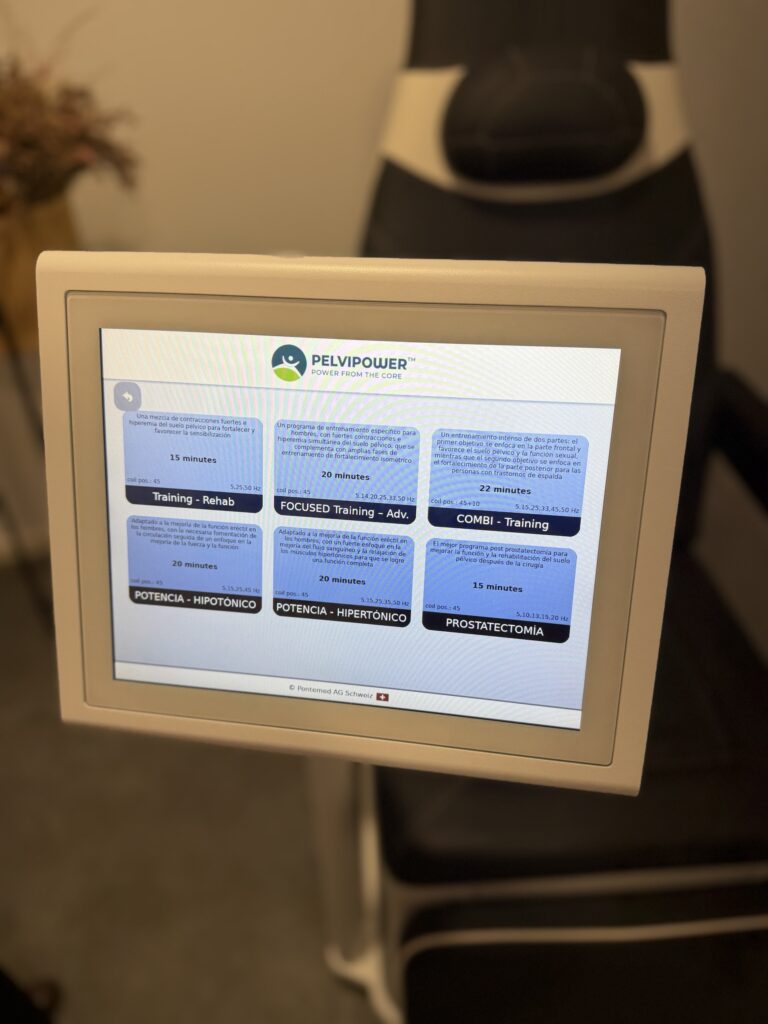 Pantalla de PelviPower con los programas para hombres, incluido el de después de una prostatectomía